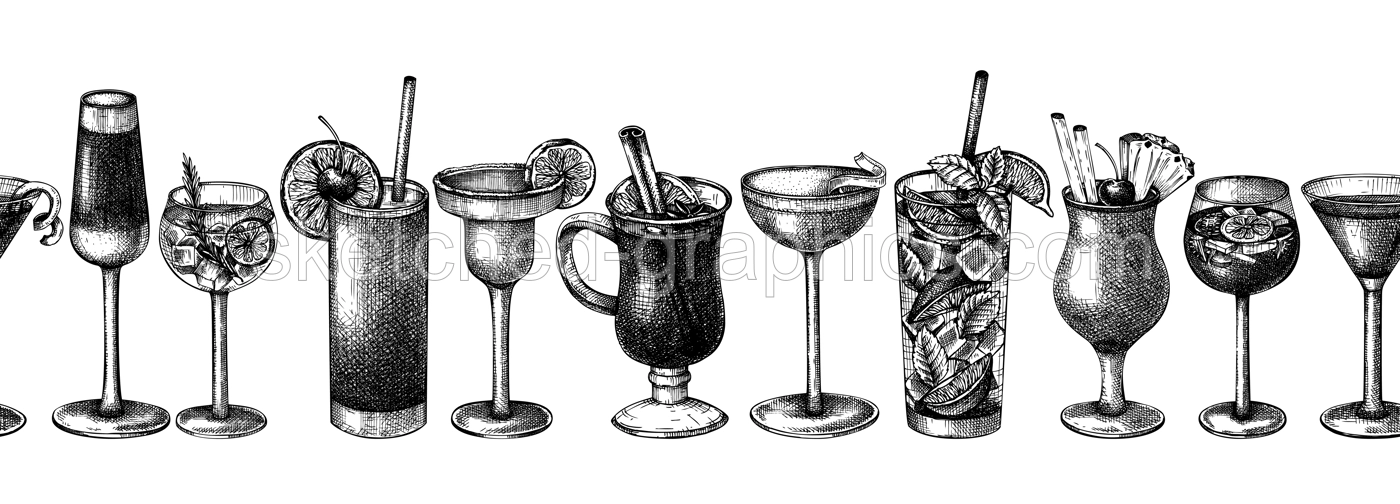 Hand-sketched cocktail illustration Vector sketches of alcoholic drinks in elegant glasses. Popular alcohol cocktails vintage hand-drawing. Perfect banner design for bar or restaurant menu Illustration